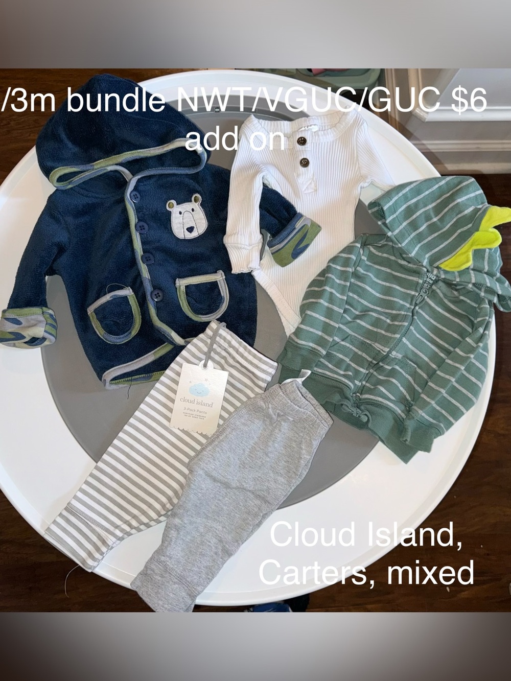 cloud island Navy Blue and Green Baby Matching Set Bundle, Dino Hood, Bear